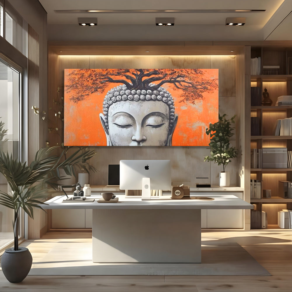 Tablou canvas cu tablou canvas cu capul lui buddha si copac, fara rama, pe sasiu de lemn, pe perete intr-un birou